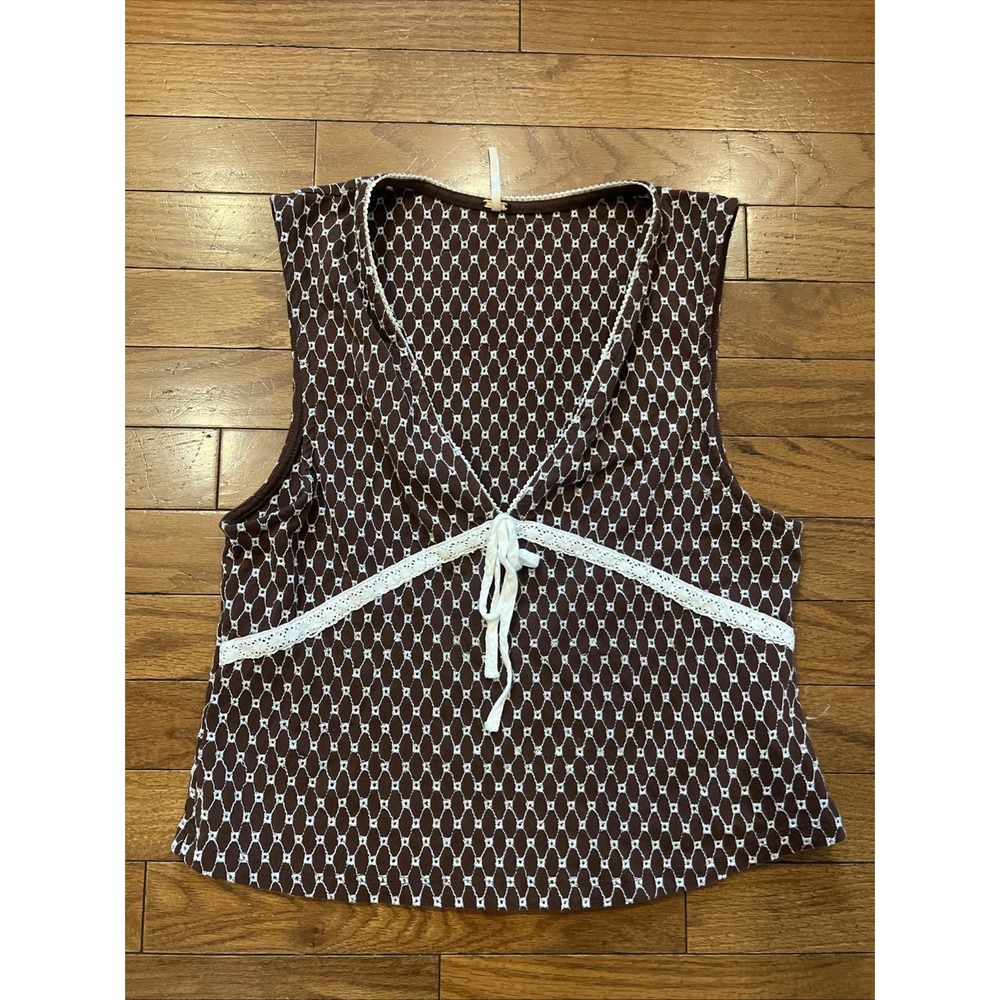 Free People Brown Eyelet Lace Tie Front Sleeveless Top Women's Large Boho